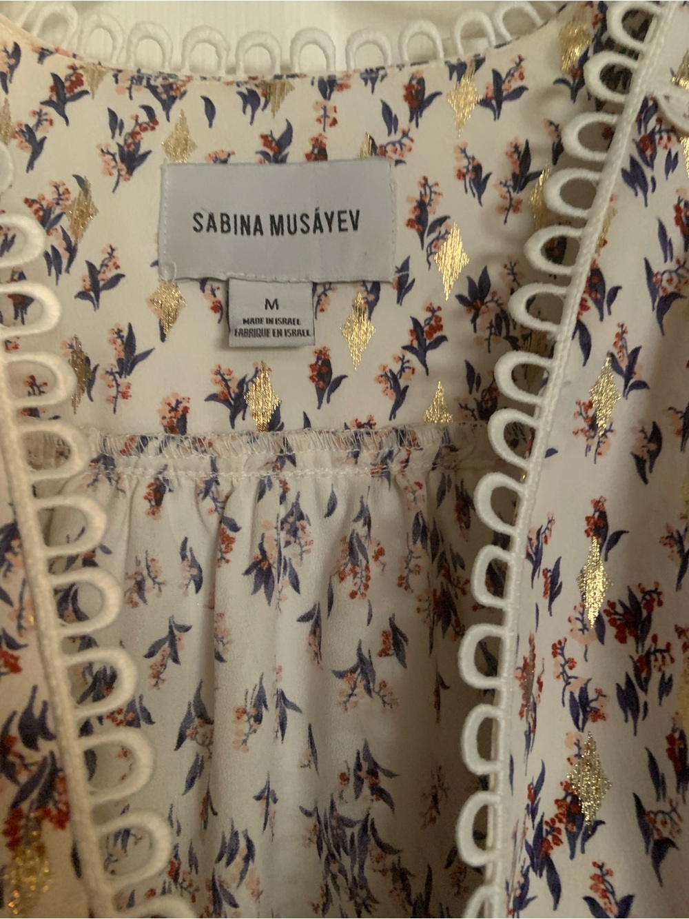 Sabina Musayev Cream Blouse with Navy and Rust Floral and Gold Foil